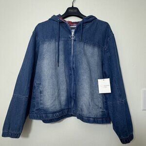 The Style Between Us Denim Hooded Jacket Size 1X Plaid Lining Full Zip New